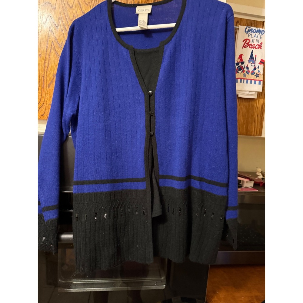 Koret Royal Blue Black Colorblock Sequin Knit‎ Cardigan Sweater Womens Large